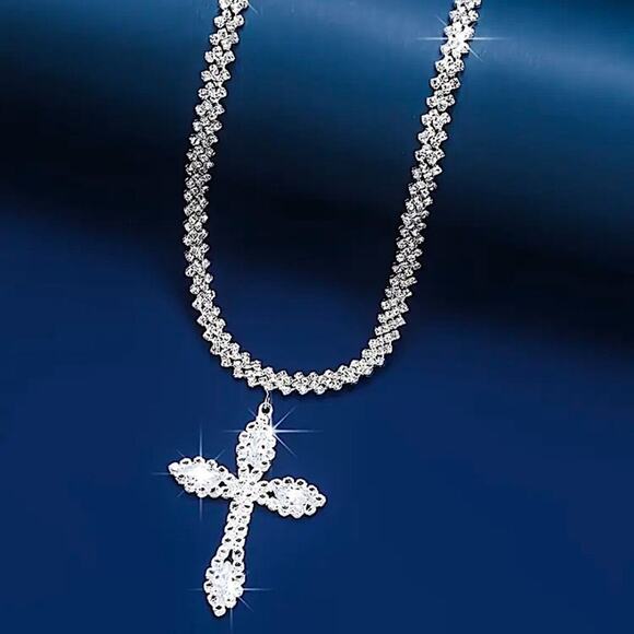Silver Crystal Cross Choker Necklace Boho Tribal - Picture 3 of 5